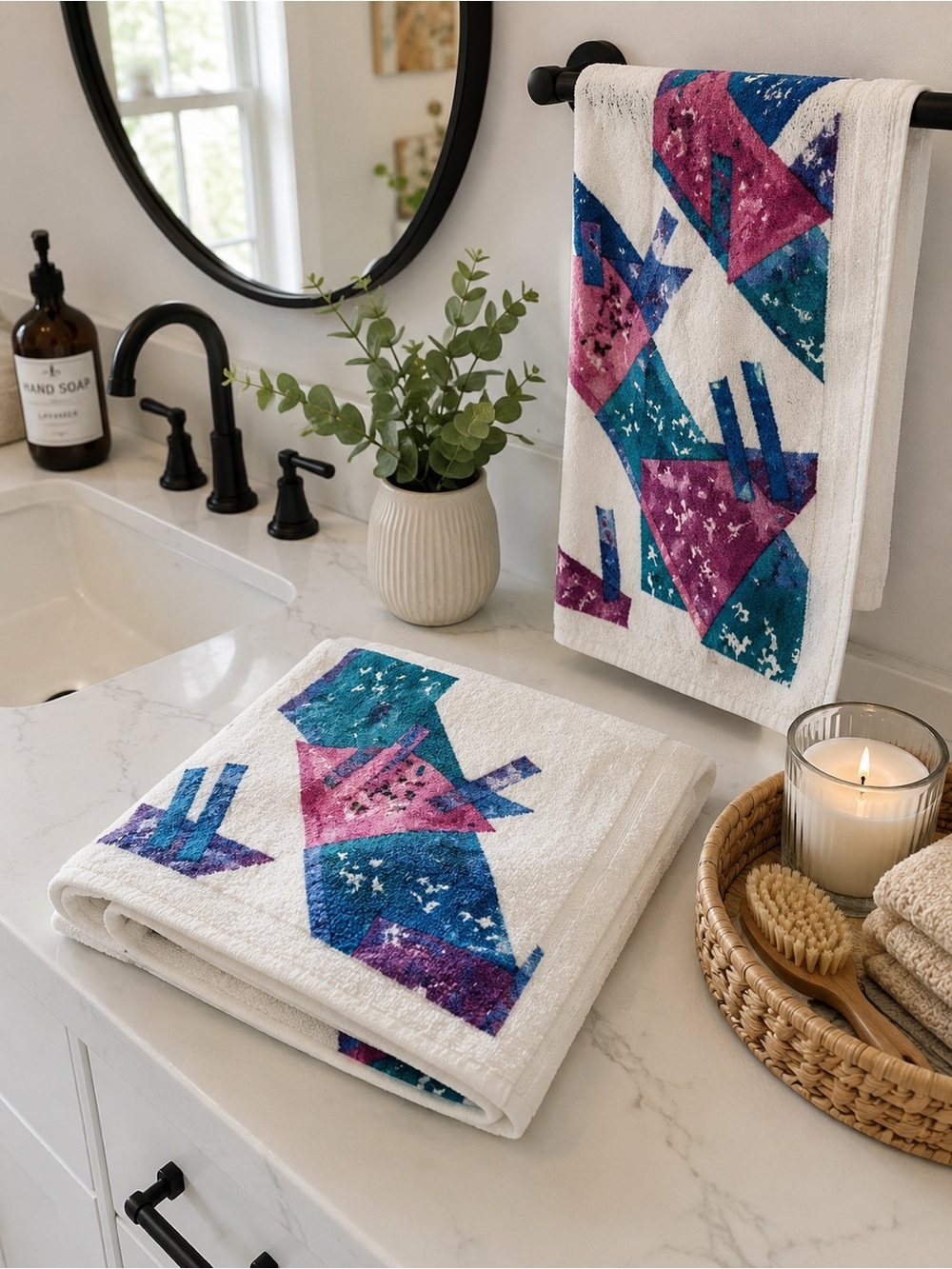 VTG  90s Springs Bath Fashions Geometric Hand Towels Set of 2 Memphis Style USA